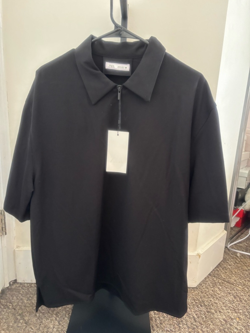 Zara Black Short-Sleeve Polo with Front Zip Collar